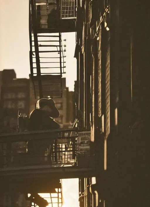 Prompt: a 35mm photograph of a man sitting on a fire escape in New York City in the 1960's at sunset, bokeh, Canon 50mm, cinematic lighting, photography, retro, film, Kodachrome, award-winning, rule of thirds, golden hour