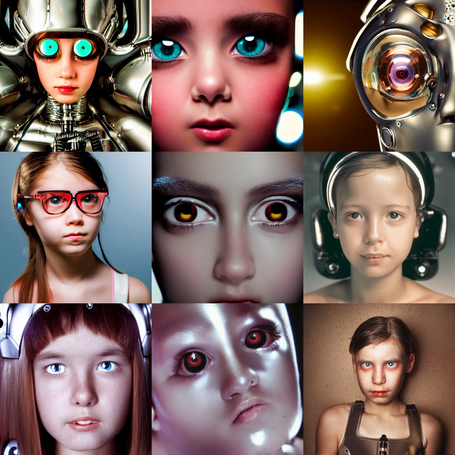 Prompt: a cyborg girl with big shiny eyes looking straight at the camera. ultra close-up, wide-angle, kodachrome, studio lighting