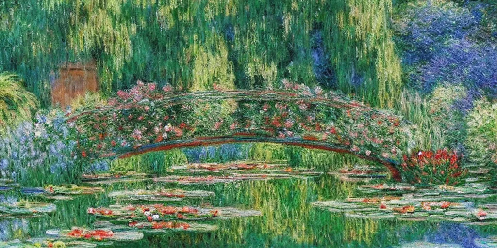 Image similar to serene fairy garden in the style of claude monet, beautiful intricate masterpiece, hyper detailed, hd