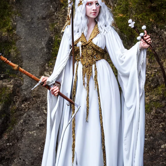 Image similar to photograph of a real-life beautiful wind witch with ornate white robes and staff. Extremely detailed. 8k