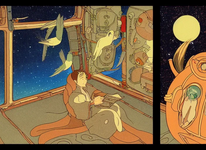 Image similar to a still frame in anime style, studio ghibli, ivan bilibin, medieval western bible sci - fi illustration of a person morphing into a bird, space station interior