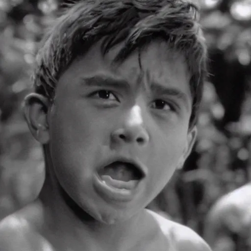 Image similar to ricky garcia plays ralph in lord of the flies ( 1 9 6 3 ), 3 5 mm black and white, highly detailed, cinematic lighting