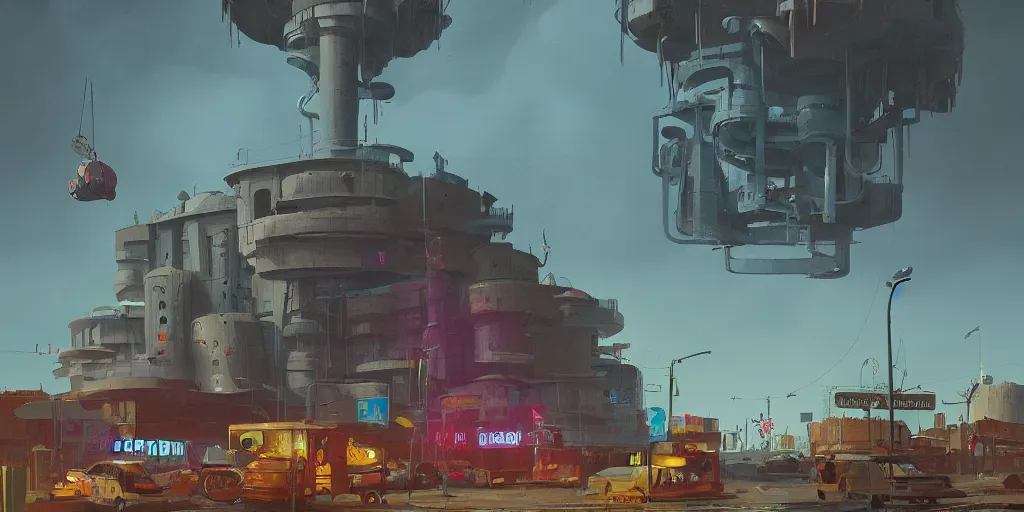 Image similar to a weird town city places with a giant weird thingsimon stalenhag, highly detailed, digital art, realistic, trending on artstation, 4 k