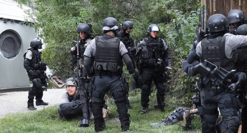 Prompt: swat team raid on a hobbit hole