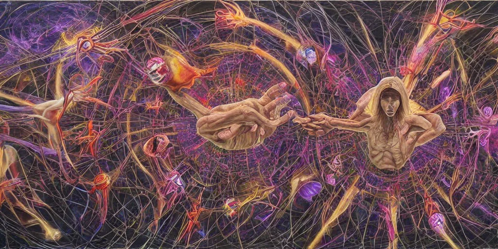 Prompt: mortal contemplations is a vision based on a meditative moment of self - reflection on the condition of being subject to death, inspired by the pandemic's forced collective confrontation of mortality on a global scale, volumetric lighting and shadows, concept art, biomechanical, realistic oil painting by alex grey