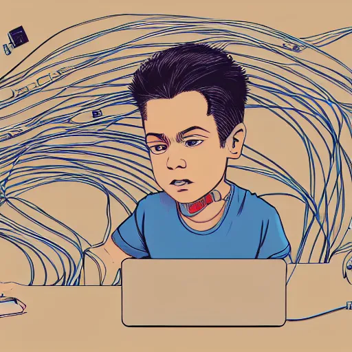 Image similar to illustration of a boy connected to his laptop with hundreds of wires, highly detailed, cel shading, by butcher billy, cgsociety, mcbess, rutkowski, james jean, 8 k, photorealistic