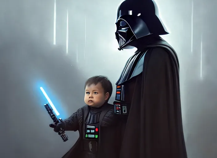 Prompt: a dramatic highly detailed render of darth vader with lightsaber drawn facing off against a cute baby corgi, futuristic star wars vibe, by WLOP and Artgerm and Greg Rutkowski and Alphonse Mucha, Beautiful dynamic dramatic dark moody lighting, shadows, cinematic atmosphere, Artstation, concept design art, Octane render, 8K, masterpiece, sharp focus, hyperrealistic