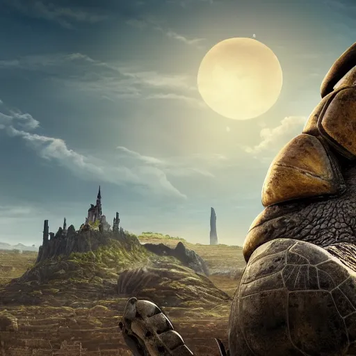 Image similar to giant tortoise towering over a harsh barren sandy wasteland with a large fantasy castle rising from the top, distant shot angled slightly down, fantasy, hyper detailed, 4 k, howls moving castle, mortal engines, kaiju,