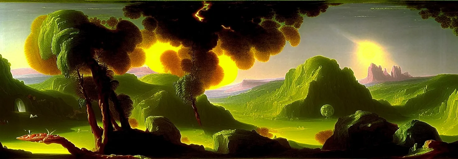 Image similar to alien exoplanet : landscape : flora and fauna : thomas cole