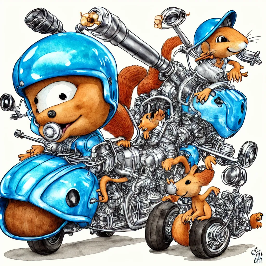 Image similar to cute and funny, squirrel wearing a helmet riding in a hot rod with oversized engine, ratfink style by ed roth, centered award winning watercolor pen illustration, isometric illustration by chihiro iwasaki, edited by range murata, tiny details by artgerm and watercolor girl, symmetrically isometrically centered, sharply focused