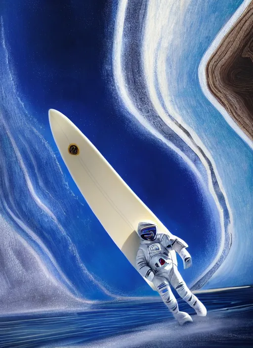 Image similar to an amazing digital painting of an astronaut in a white and royal blue luxurious space suit surfing an interstellar tsunami on a futuristic surfboard at Pamukkale, thermal waters flowing down multiversal gold travertine terraces by greg rutkowski, photorealistic, trending on artstation, highly detailed, unreal engine, octane render