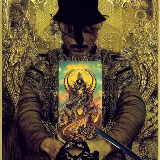 Prompt: tarot card, intricate detailed handsome king with sword staring by dave mckean, ross tran, trees, rocks, water, golden ratio, ornate, vivid colors, trending on ArtStation, cgsociety gustav klimt photography tiltshift particle tarot sandman covers