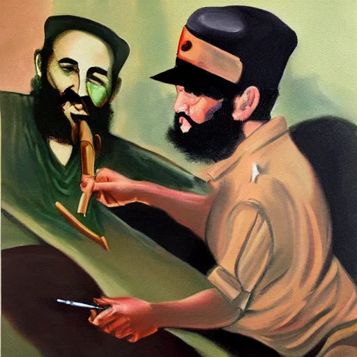 Prompt: Fidel Castro having a joint, painting of Sebastian Murphy