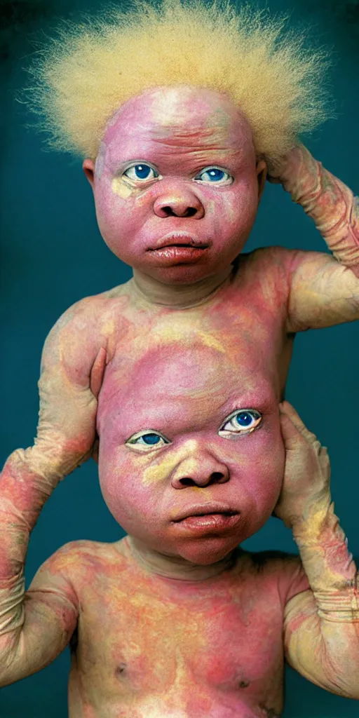 Image similar to award winning photo of african albino baby, vivid colors, happy, symmetrical face, beautiful eyes, studio lighting, wide shot art by sally mann & arnold newman & hr giger