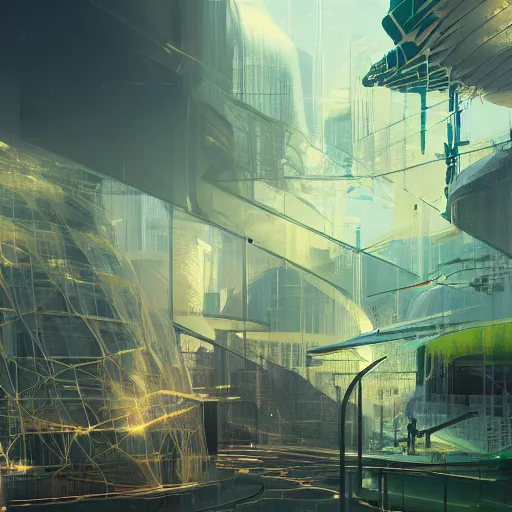 Image similar to neo brutralism, futuristic architectural art, colorful, hyperrealistic, cgsociety, octane render, 8k, realistic depth, 3D feeling, sunlight, shadows, reflections, romanticism, artstation, concept art, wallpaper, dark blue and green tones, in the style of Akihiko Yoshida and Craig Mullins