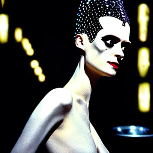 Image similar to cinematic portrait of surprised kristen mcmenamy as bride of frankenstein as a replicant in a busy nightclub,, still from the movie bladerunner, fashion photography, a sign is in the background, 8 k, high detail, face in focus