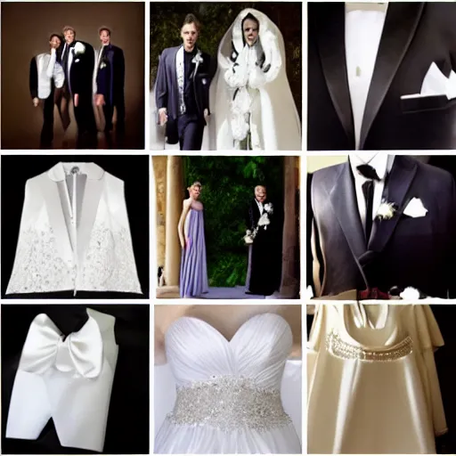 Prompt: a collage of wedding dresses and tuxedos