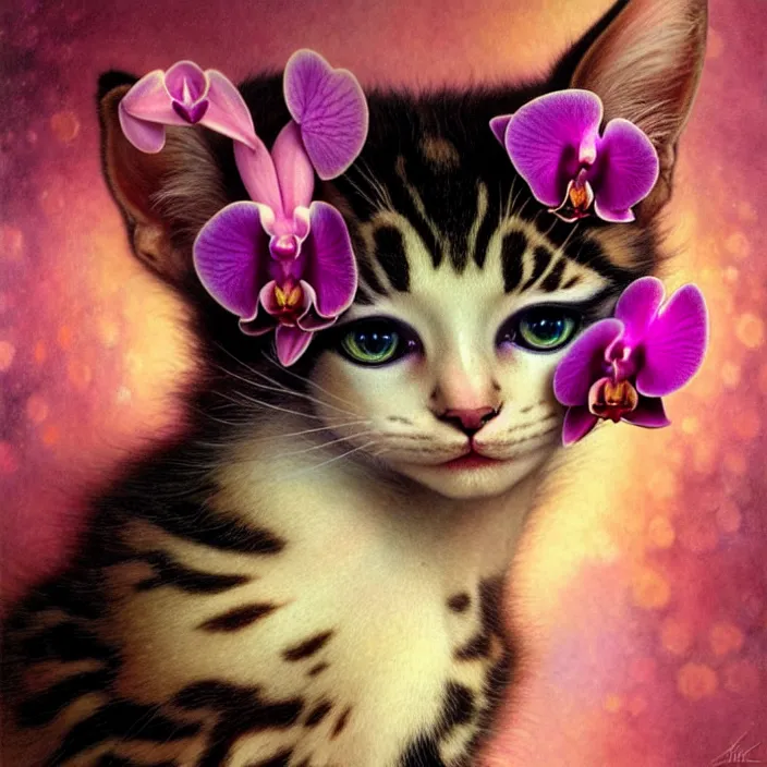 Image similar to psychedelic kitten made of orchid, diffuse lighting, fantasy, intricate, elegant, highly detailed, lifelike, photorealistic, digital painting, artstation, illustration, concept art, smooth, sharp focus, art by John Collier and Albert Aublet and Krenz Cushart and Artem Demura and Alphonse Mucha