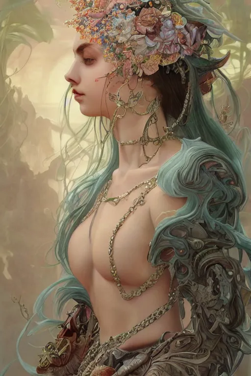 Prompt: Billie Ellish Goddess, cute, fantasy, intricate, elegant, highly detailed, digital painting, 4k, HDR, concept art, smooth, sharp focus, illustration, art by artgerm and H R Giger and alphonse mucha