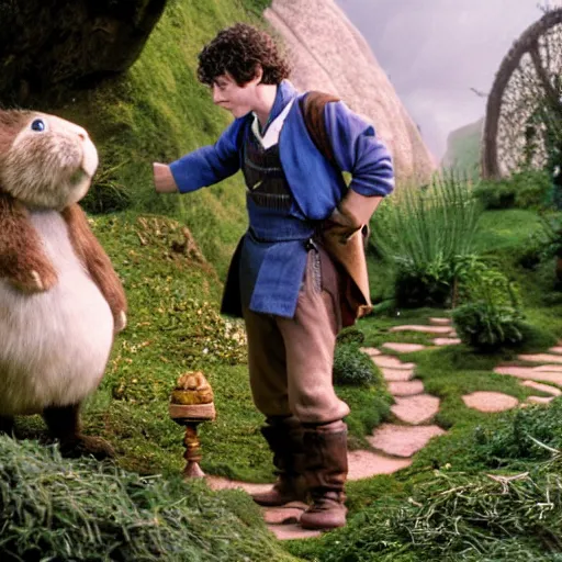 Image similar to a british lad as Bartook a teen hobbit with short curly dark brown hair wearing a blue vest with a white sash standing next to a giant rabbit, high resolution film still, movie by Peter Jackson