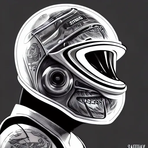 Prompt: sports helmet driver wearing a transparent visor helmet with big eye lashes with high detailed tattoos on neck, side profile on a racing car, highly detailed, digital painting, artstation, concept art, smooth, sharp focus, illustration by adrian smith
