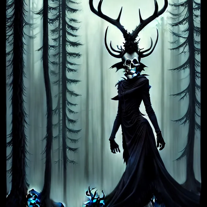 Image similar to style artgerm, joshua middleton, steve niles, gerald brom, scary wendigo with antlers and skull face mixed with werewolf, beautiful witch wearing a black dress on the right side, in the forest, detailed, dark and foggy, cinematic lighting