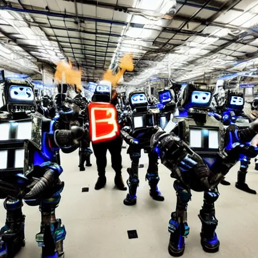 Image similar to robot ravers defending a warehouse from the police