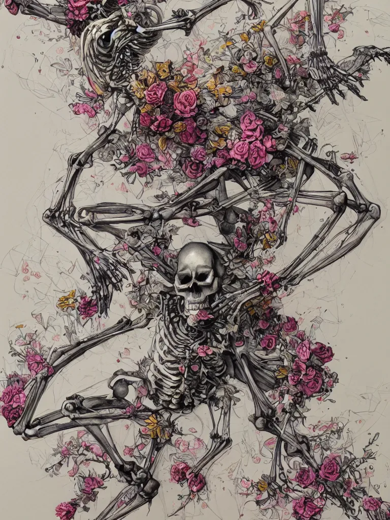 Prompt: a realistic skeleton covered in flowers in a dynamic pose, in the style of james jean and peter mohrbacher, highly detailed, soft lighting,