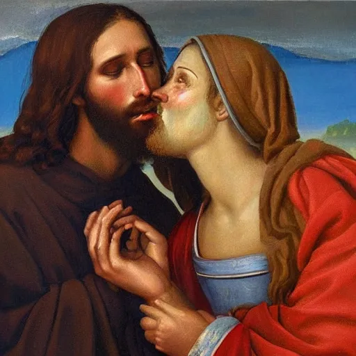 Image similar to 1 8 th oil panting of a jesus kissing a woman