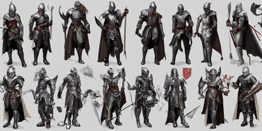 Prompt: different views medieval knights, intricate!! concept art by senior character artist, trending on artstation, full body character design