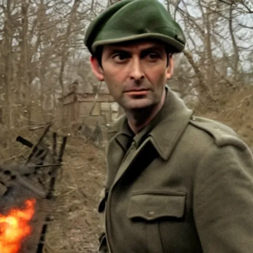 Prompt: david tennant as a world war 2 soldier in the battlefield, explosions in background, gunshots, longshot, centered shot, 4 k, found footage, shutterstock