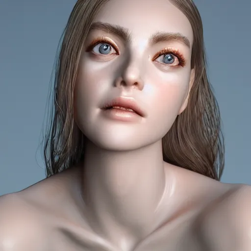 Image similar to 3 d render, hyper detailed, realistic female face and shoulders, white porcelain, fine facial features, white eyes and eyelashes, 8 k, 1 5 0 ml lens, elegant, white background pastel blue lighting, octane render, volumetric lighting - h 7 0 4