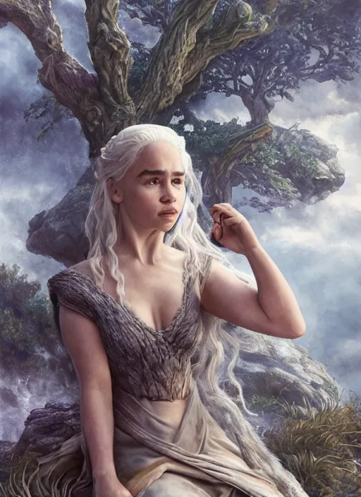 Image similar to Emilia Clarke as Daenerys Targaryen taking a rest under tree after an long adventure, a ruggedly muscled handsome heroine, intricate, elegant, highly detailed, centered, digital painting, artstation, concept art, smooth, sharp focus, illustration, artgerm, donato giancola, Joseph Christian Leyendecker, WLOP, Artgerm, thunder storm