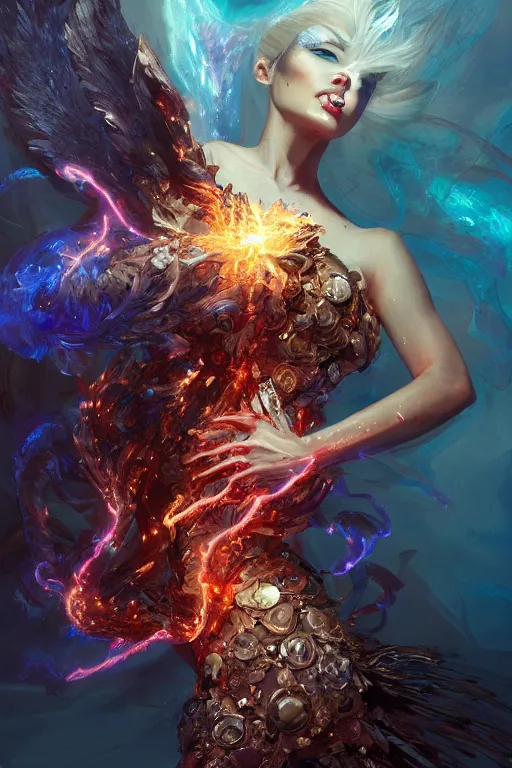 Image similar to torso closeup model wearing exploding fire crystal dress, sorcerer, diamonds, angel, fantasy, dramatic lighting, highly detailed, digital painting, holding electricity, magic the gathering, hyper detailed, 3 d render, hyper realistic detailed portrait, peter mohrbacher, wlop, ruan jia