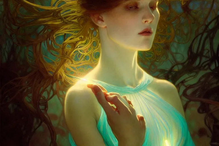 Image similar to pale teal becoming light itself, fantasy, intricate, elegant, dramatic lighting, emotionally evoking symbolic metaphor, highly detailed, lifelike, photorealistic, digital painting, artstation, concept art, smooth, sharp focus, illustration, art by John Collier and Albert Aublet and Krenz Cushart and Artem Demura and Alphonse Mucha