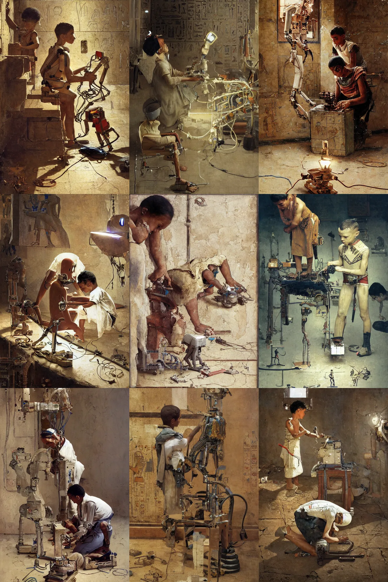 Prompt: an ancient Egyptian boy fixing his robot, part by Norman Rockwell, part by Greg Rutkowski , part by Mattias Adolfsson, volumetric lighting oil on canvas