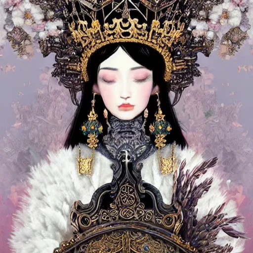 Image similar to a beautiful black haired woman with pale skin and a crown on her head sitted on an intricate metal throne, flower decoration on the background, beautiful illustration, atmosphere, top lighting, perfect composition, smooth, highly detailed, art by so - bin and yuhong ding and chengwei pan,