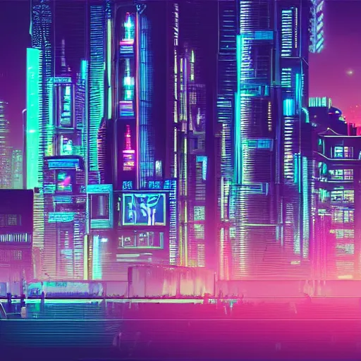 Prompt: cyberpunk vaporwave city at dusk