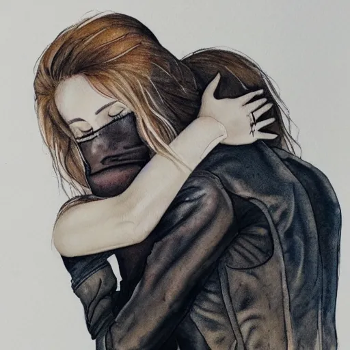 Image similar to Hot young woman, grey skin, void eyeballs, tattoos, wearing a leather jacket, hugging a shrouded person as they cry on her chest, comforting, touching, wholesome, art, watercolour, big sister, little brother, 8k