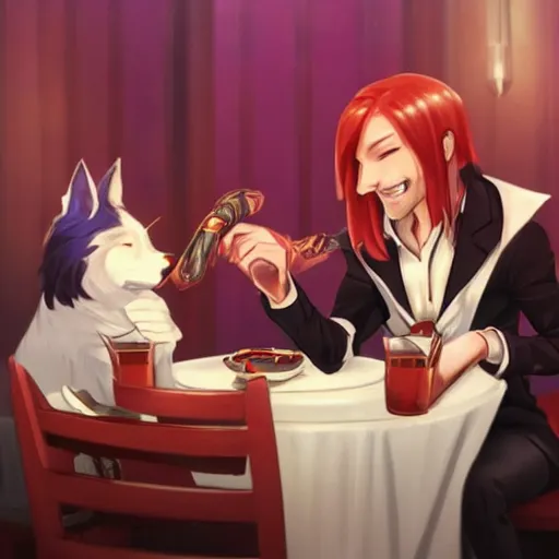 Prompt: John Wick dining with Ahri