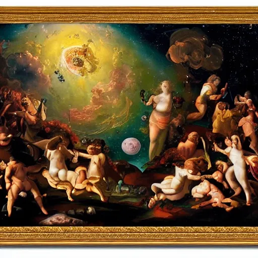 Image similar to life in the cosmos, detailed baroque oil painting