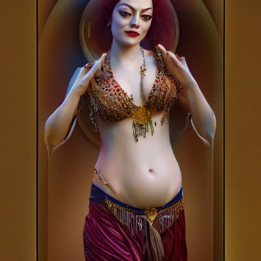 Image similar to a photorealistic portrait of actress emma stone dressed as a belly dancer, arabian night, volumetric lightening, octane render, high quality, fully detailed, 4 k, in focus sharp face with fine details, her hands by albrecht durer, inspired by belly dancer on youtube, alphonse mucha, masterpiece, stunning