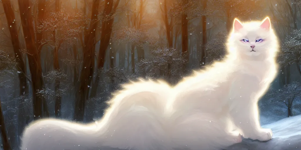 Prompt: panoramic shot of a beautiful ancient white fluffy cat, eye fire, snow glow, snowfall, highly detailed, digital painting, artstation, sharp focus, illustration, art by tan zi and ayanamikodon and alphonse mucha and wlop