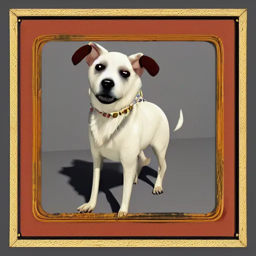 Image similar to painted wooden frame, elegant, 1 9 2 0 s, for a square picture of a happy dog 3 d render