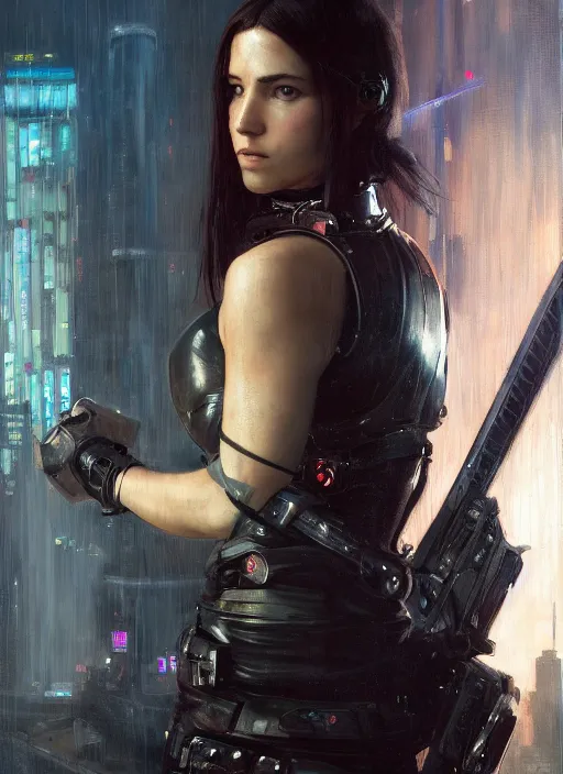 Image similar to Cyberpunk swordswoman in futuristic clothes (blade runner 2049, cyberpunk 2077). Orientalist portrait by john william waterhouse and James Gurney and Theodore Ralli and Nasreddine Dinet, oil on canvas. Cinematic, hyper realism, realistic proportions, dramatic lighting, high detail 4k