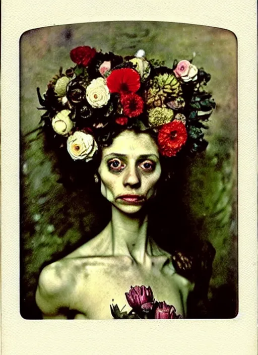 Image similar to beautiful and detailed rotten woman made of plants and many types of stylized flowers like carnation, chrysanthemum, roses and tulips, intricate, surreal, vladimir volegov, john constable, guy denning, gustave courbet, caravaggio, romero ressendi, 1 9 1 0 polaroid photo