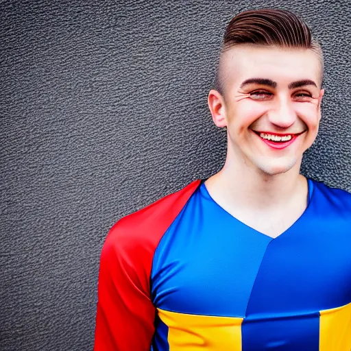 Image similar to a photographic portrait of a young Caucasian man smiling with short brown hair that sticks up in the front, blue eyes, groomed eyebrows, tapered hairline, sharp jawline, wearing a volleyball jersey, sigma 85mm f/1.4, 15mm, 35mm, 4k, high resolution, 4k, 8k, hd, full color