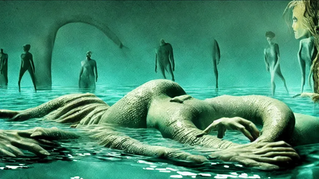 Image similar to the creature swims, water caustics, film still from the movie directed by denis villeneuve and david cronenberg with art direction by salvador dali and dr. seuss