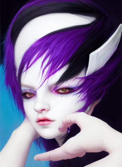 Image similar to whitebangs, black hair, black cyberlox, portrait of normal teenage girl, normal face, white bangs, fluffy bangs, cyberlox, whitebangs, red contact lenses, purple background, intricate, elegant, highly detailed, digital painting, artstation, concept art, sharp focus, smooth, illustration, art by wlop, mars ravelo and greg rutkowski