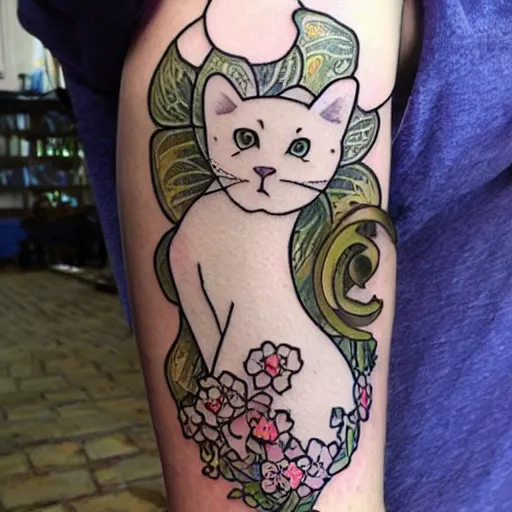 Prompt: new traditional style tattoo of a short haired white cat surrounded by detailed Alphonse mucha style flowers
